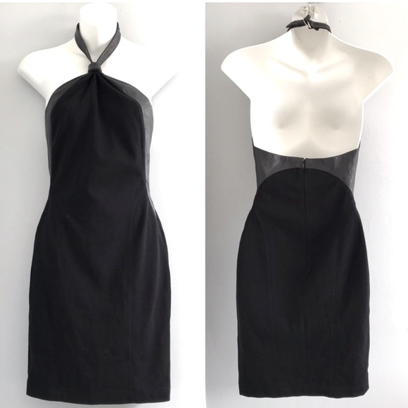 BEBE | Genuine Leather Knot Halter Black Sheath Dress - Picture 2 of 11